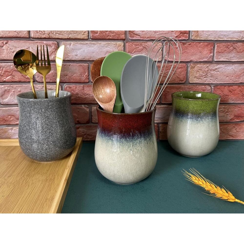 Short Kitchen Utensil Holder for Kitchen Counter, Ceramic Small Utensil Crock & - Picture 3 of 6